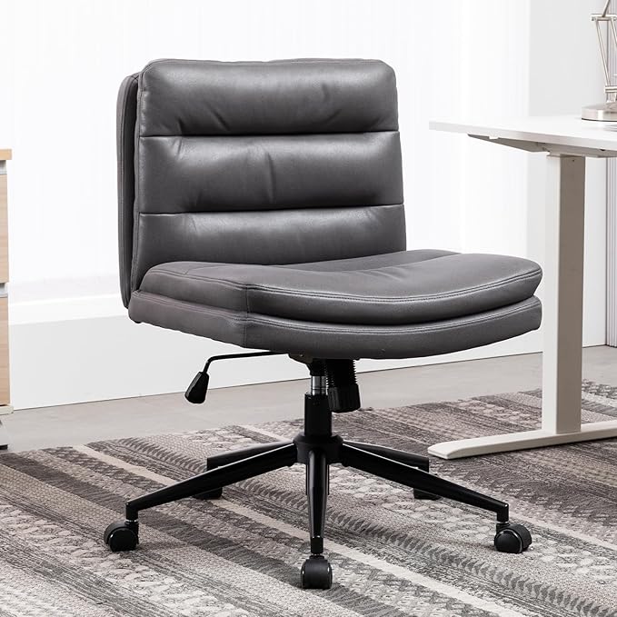Armless Office Chair with Wheels Wide Desk Chair Leather Mid Back Accent Chair Padded Swivel Vanity Chair for Girl Women Computer Task Chair for Home Office (Suede Fabric,Gray) - LeafyLoom