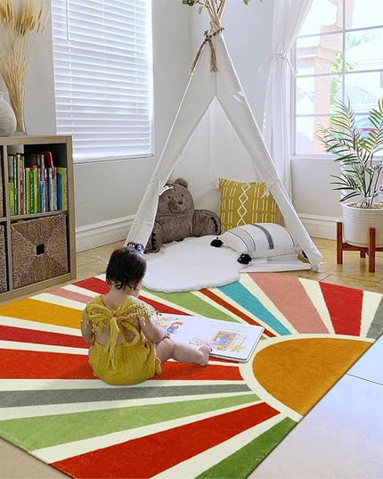 Boho Washable Rug 4'x6' Rug Kids Area Rug for Playroom, Non-Slip Kids Rug for Bedroom, Rainbow Modern Sun Carpet Soft Throw Sunshine Rug for Office Nursery Entryway Dorm - LeafyLoom