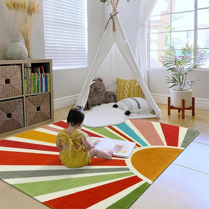 Boho Washable Rug 4'x6' Rug Kids Area Rug for Playroom, Non-Slip Kids Rug for Bedroom, Rainbow Modern Sun Carpet Soft Throw Sunshine Rug for Office Nursery Entryway Dorm - LeafyLoom
