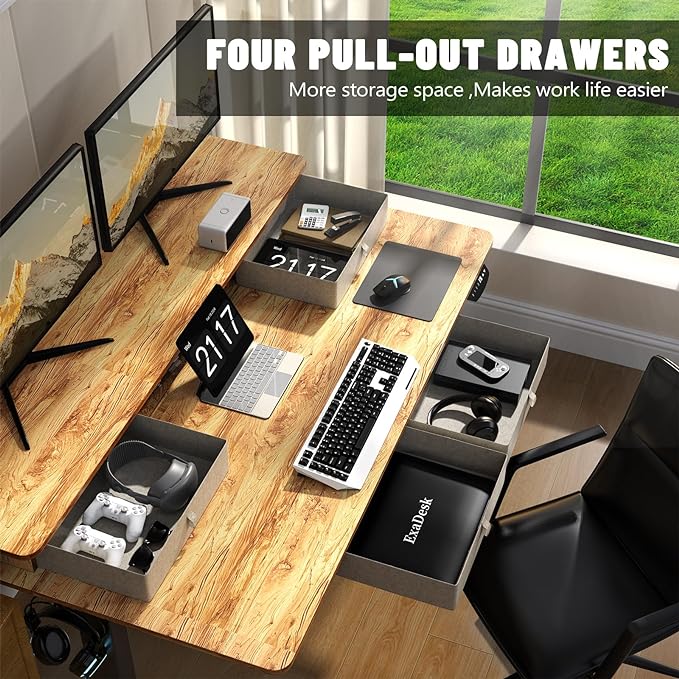 63 * 30 Inches Electric Standing Desk Adjustable Height with 4 Drawers, Double Storage Shelves Stand Up Desk, Home Office Workstation Sit Stand up Desk (Light Rustic Brown) - LeafyLoom