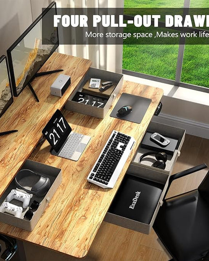 55 * 30 Inches Electric Standing Widened Desk Adjustable Height with 4 Drawers, Double Storage Shelves Stand Up Desk, Home Office Workstation Sit Stand up Desk (Light Rustic Brown) - LeafyLoom