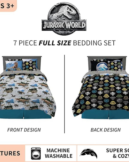 Franco Kids Bedding Super Soft Comforter and Sheet Set with Sham, 7 Piece Full Size, Jurassic World - LeafyLoom