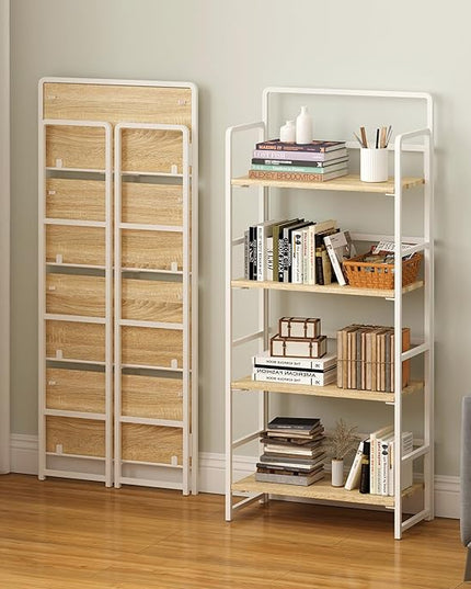 4NM No-Assembly 4 Tiers Folding Bookshelf Storage Shelves Vintage Bookcase Standing Racks Study Organizer Home Office (Natural and White) - LeafyLoom