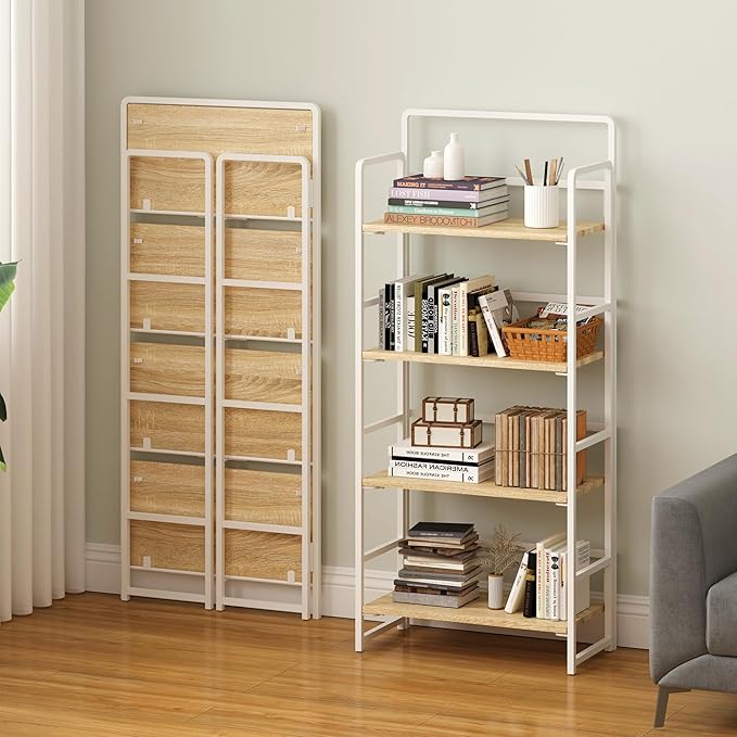 4NM No-Assembly 4 Tiers Folding Bookshelf Storage Shelves Vintage Bookcase Standing Racks Study Organizer Home Office (Natural and White) - LeafyLoom