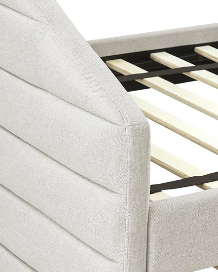 Linen Upholstered Twin Size Daybed with Two Storage Trundle Drawers, Solid Wooden Sofa Bed Frame w/Tufted Decorate, No Box Spring Needed, Space-Saving Design - LeafyLoom