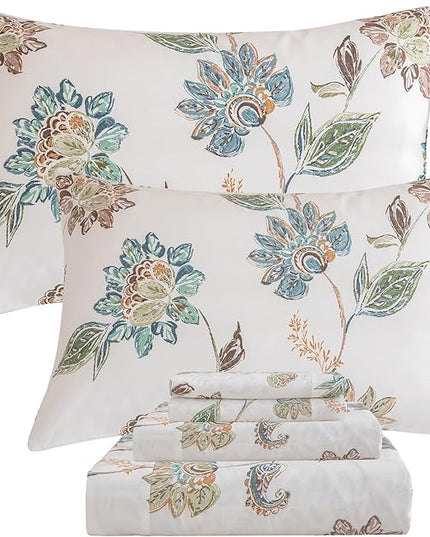 QSH Floral Bed Sheets Queen Size - 100% Egyptian Cotton Sheets Elegant Botanical Leaves Flower Pattern Printed Bedding Sheets Queen Size Bed Extra Soft and Breathable 4pcs Deep Pockets Bed Sheets - LeafyLoom