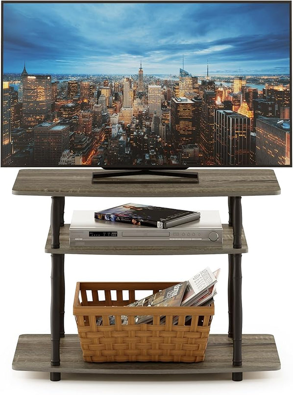 Furinno Turn-N-Tube No Tools 3-Tier Entertainment Center TV Stand for TV up to 32 Inch, Plastic Classic Tubes, French Oak Grey/Black - LeafyLoom