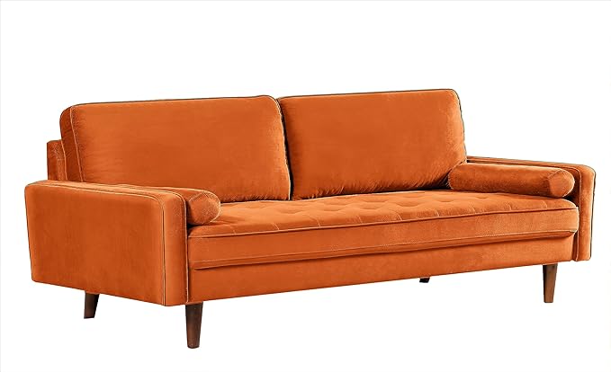US Pride Furniture Velvet 70" Sofa Couch, Iconic Mid-Century Style Living Room Furniture with Contemporary Silhouette, Button Tufting and Wood Legs, includes 2 Bolster Pillows, Orange - LeafyLoom