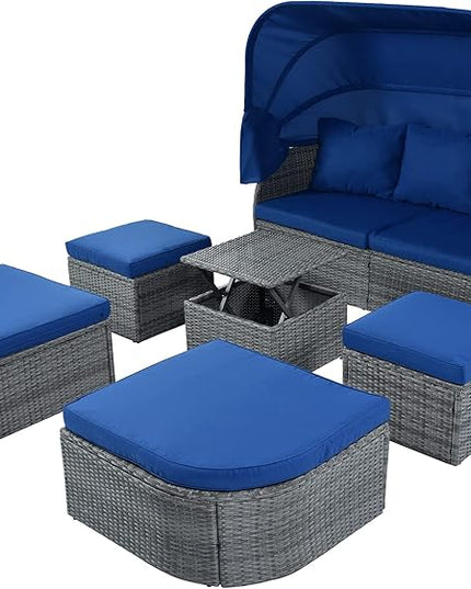 Rectangle Furniture Daybed Sunbed with Retractable Canopy, Outdoor Wicker Conversation Set with Cushions for Patio, Backyard, Porch, Garden, Bc-Blue + Rattan - LeafyLoom