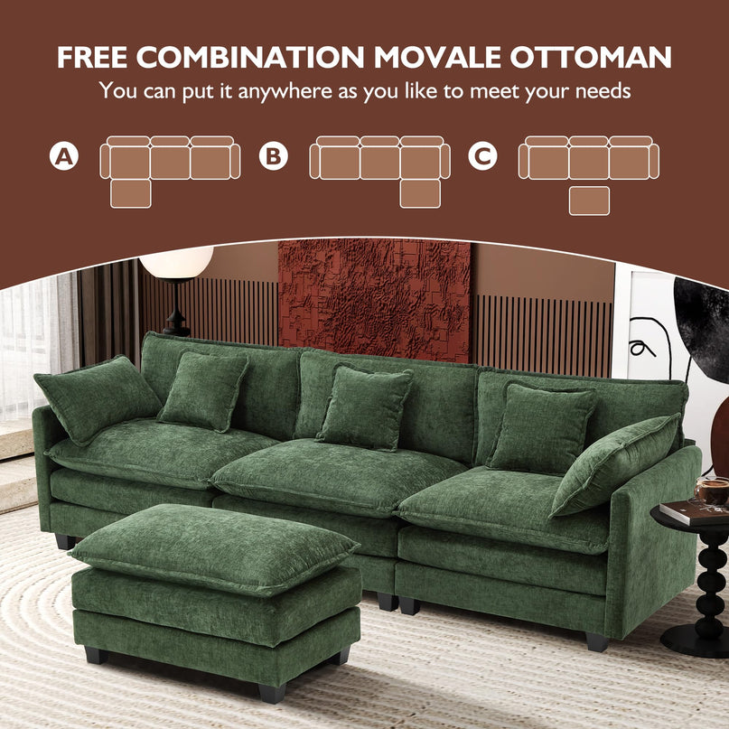 Ihanherry 111.4" L Shaped Modern Sofa Modular Sectional Cloud Couch with Ottoman, 4-Seat Chenille Deep Seat Sofa with Pillow for Living Room, Bedroom and Apartment, Beige LeafyLoom