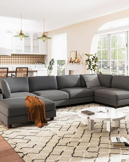 Free Combination Convertible Modular Sectional Sofa with Movable Ottomans , 163'' Oversized Corduroy Upholstered Sleeper Corner Couch Sofabed with Wooden Legs and Detachable Cushions for Living Room - LeafyLoom