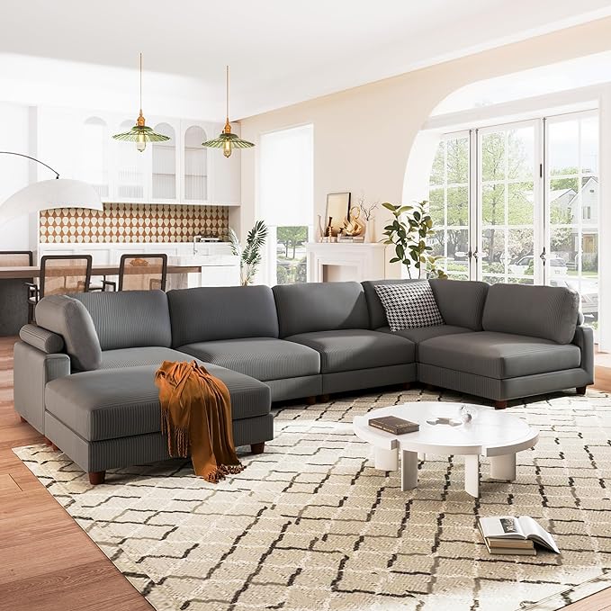 Free Combination Convertible Modular Sectional Sofa with Movable Ottomans , 163'' Oversized Corduroy Upholstered Sleeper Corner Couch Sofabed with Wooden Legs and Detachable Cushions for Living Room - LeafyLoom