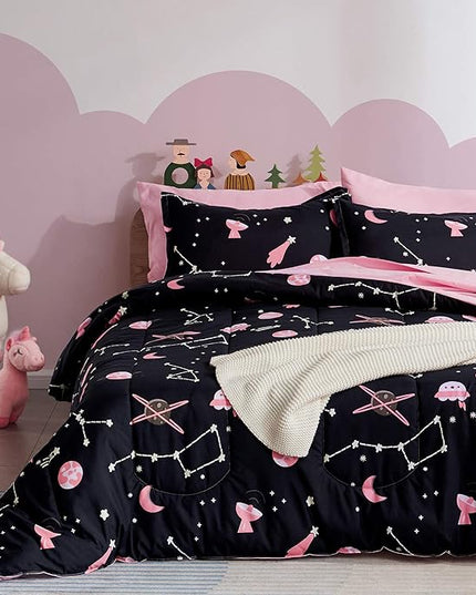 SLEEP ZONE Kids Bedding Comforter Set Full/Queen Size - Super Cute & Soft Kids Bedding 7 Pieces Set with Comforter, Sheet, Pillowcase & Sham (Pink Galaxy) - LeafyLoom