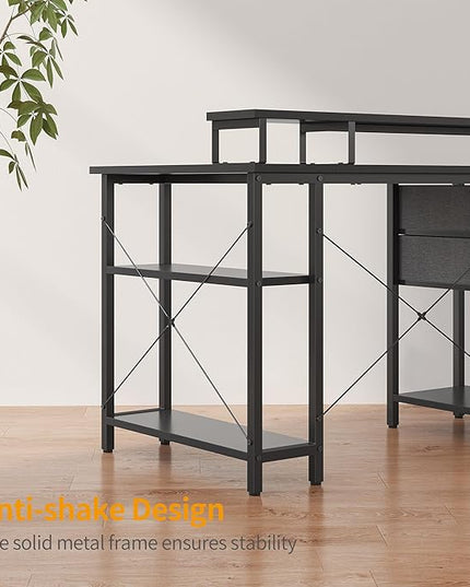 CubiCubi L Shaped Computer Desk with Monitor Stand & Shelves, 47 Inch Corner Home Office Desk Writing Table with Storage Drawer, Blck - LeafyLoom