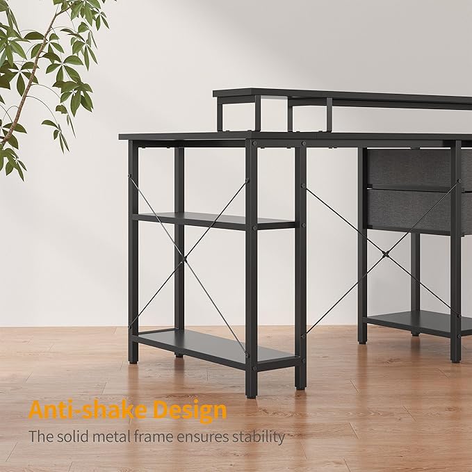 CubiCubi L Shaped Computer Desk with Monitor Stand & Shelves, 47 Inch Corner Home Office Desk Writing Table with Storage Drawer, Blck - LeafyLoom