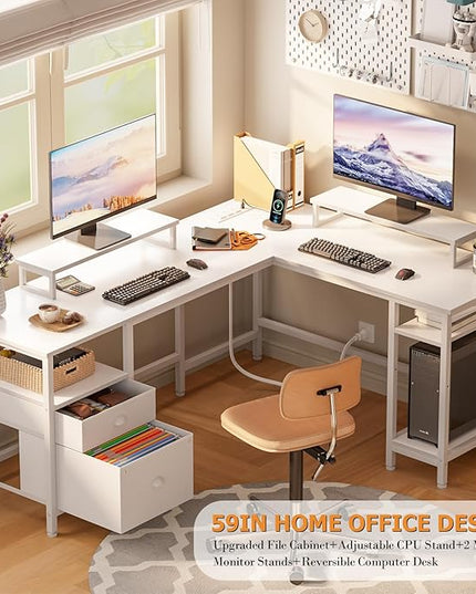 Furologee White 59” L Shaped Desk with Power Outlet, Reversible Computer Desk with File Drawer & 2 Monitor Stands, Corner Home Office Desk with Storage Shelves for Gaming Writing - LeafyLoom