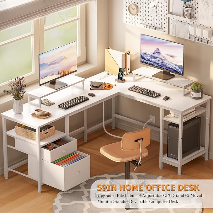 Furologee White 59” L Shaped Desk with Power Outlet, Reversible Computer Desk with File Drawer & 2 Monitor Stands, Corner Home Office Desk with Storage Shelves for Gaming Writing - LeafyLoom