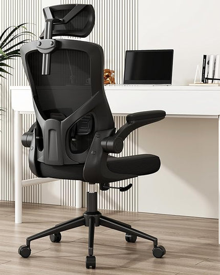𝑯𝑶𝑴𝑬 𝑶𝑭𝑭𝑰𝑪𝑬 𝑪𝑯𝑨𝑰𝑹, Ergonomic Mesh Desk Chair, High Back Computer Chair- Adjustable Headrest with Flip-Up Arms, Lumbar Support, Swivel Executive Task Chair (Modern, Black) - LeafyLoom