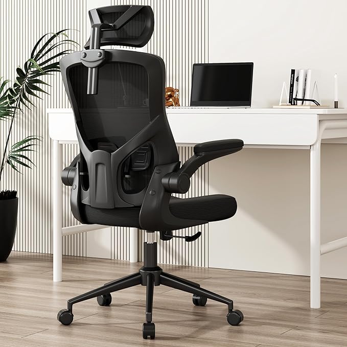 𝑯𝑶𝑴𝑬 𝑶𝑭𝑭𝑰𝑪𝑬 𝑪𝑯𝑨𝑰𝑹, Ergonomic Mesh Desk Chair, High Back Computer Chair- Adjustable Headrest with Flip-Up Arms, Lumbar Support, Swivel Executive Task Chair (Modern, Black) - LeafyLoom
