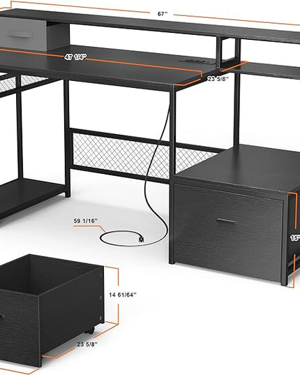 Home Office Desks with Drawers, 66‘’ Computer Desk with Storage, Office Desk with Monitor Stand, Work Desk with Outlets and USB, Gaming Table Desk with File Cabinet for Home Office Table, Black - LeafyLoom