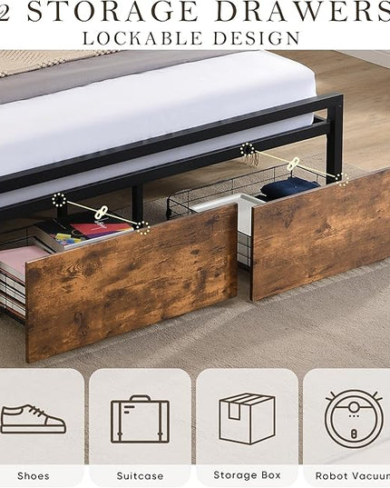 LED Bed Frame Full Size with LED Lights, USB Ports & Outlets, Full Bed Frame with Storage Headboard, Two Drawers, Industrial Style Platform Bed with Wooden Headboard, Metal Slats Supports - LeafyLoom