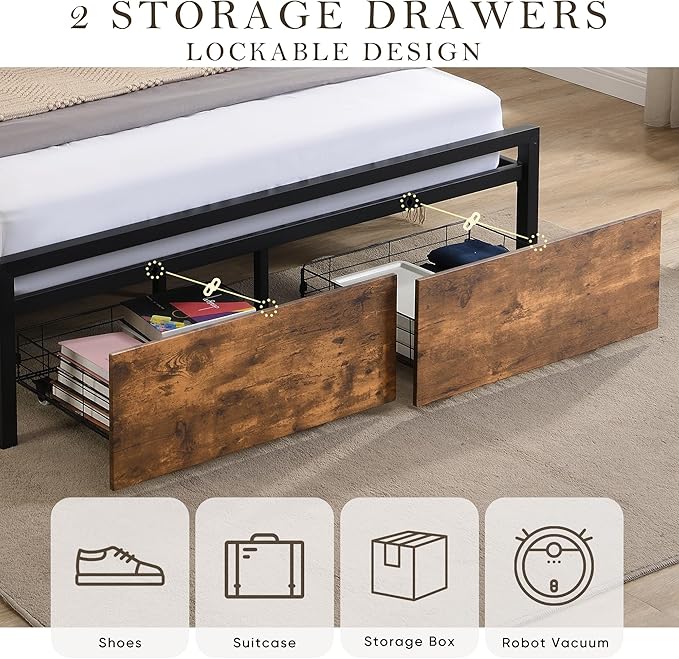 LED Bed Frame Full Size with LED Lights, USB Ports & Outlets, Full Bed Frame with Storage Headboard, Two Drawers, Industrial Style Platform Bed with Wooden Headboard, Metal Slats Supports - LeafyLoom