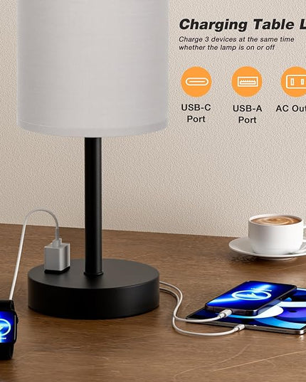 Touch Bedroom Lamp - Grey, 3-Way Dimmable, USB A + C Charging, AC Outlet, 17.4inch Medium - LeafyLoom