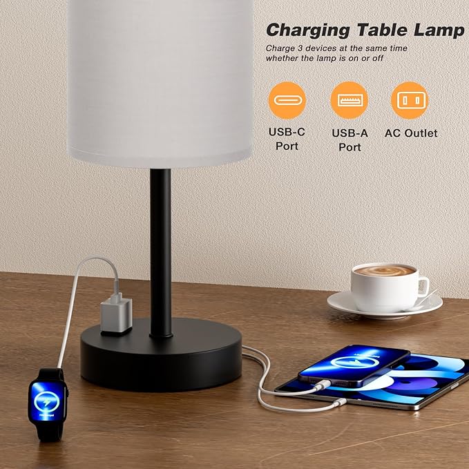 Touch Bedroom Lamp - Grey, 3-Way Dimmable, USB A + C Charging, AC Outlet, 17.4inch Medium - LeafyLoom