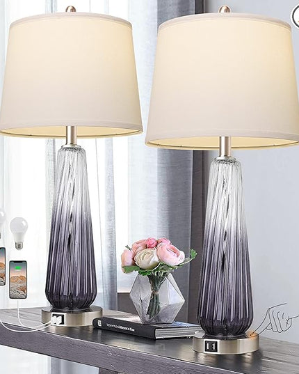 QiMH Table Lamps Set of 2 with Touch Control, 3-Way Dimmable Modern Glass Bedside Lamps with 2 USB Ports, Nightstand Lamp with White Shade, 27.5" Large Lamps for Living Room Bedrooms Decor, Grey - LeafyLoom
