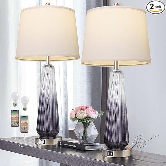 QiMH Table Lamps Set of 2 with Touch Control, 3-Way Dimmable Modern Glass Bedside Lamps with 2 USB Ports, Nightstand Lamp with White Shade, 27.5" Large Lamps for Living Room Bedrooms Decor, Grey - LeafyLoom