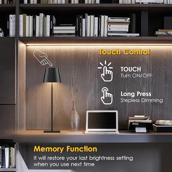 4-Pack LED Cordless Table Lamp, Rechargeable Battery Desk lamp 3W 6000mAh Battery Operated Stepless Dimming Modern Portable Table Light for Restaurant/Dinner/Bedroom/Outdoor IP54 Waterproof (Black) - LeafyLoom