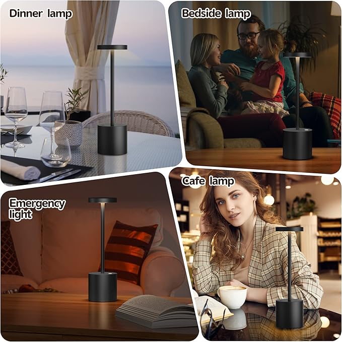 Cordless Table Lamp, Rechargeable LED Battery 5000mAh Metal USB Portable Powered Desk Lamp, 3 Levels Brightness Light for Restaurants Outdoor (10.25in Black) - LeafyLoom
