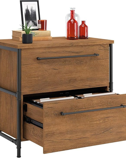 Sauder Iron City Lateral File, L: 31.50" x W: 20.00" x H: 30.00", Checked Oak Finish - LeafyLoom