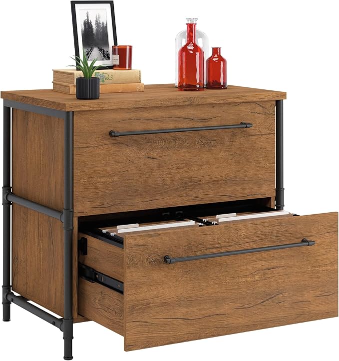 Sauder Iron City Lateral File, L: 31.50" x W: 20.00" x H: 30.00", Checked Oak Finish - LeafyLoom