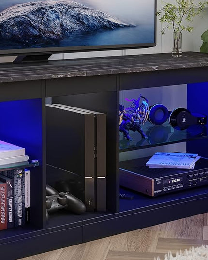 Bestier Entertainment Center LED Gaming TV Stand for 55+ Inch TV Adjustable Glass Shelves 22 Dynamic RGB Modes TV Cabinet Game Console PS4, Black Marble - LeafyLoom