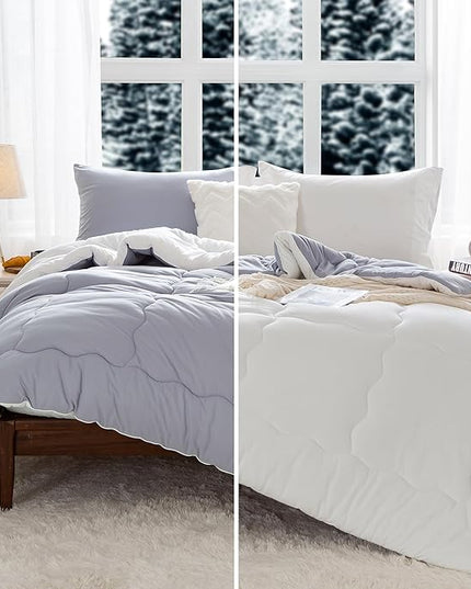 COTTEBED Grey White Warm Reversible Comforter Sets King Size Bed, Winter Milk Cup Super Soft Breathable Fluffy 1 Bedding Down Alternative Comrter & 2 Pillowcase California Cal/King - LeafyLoom