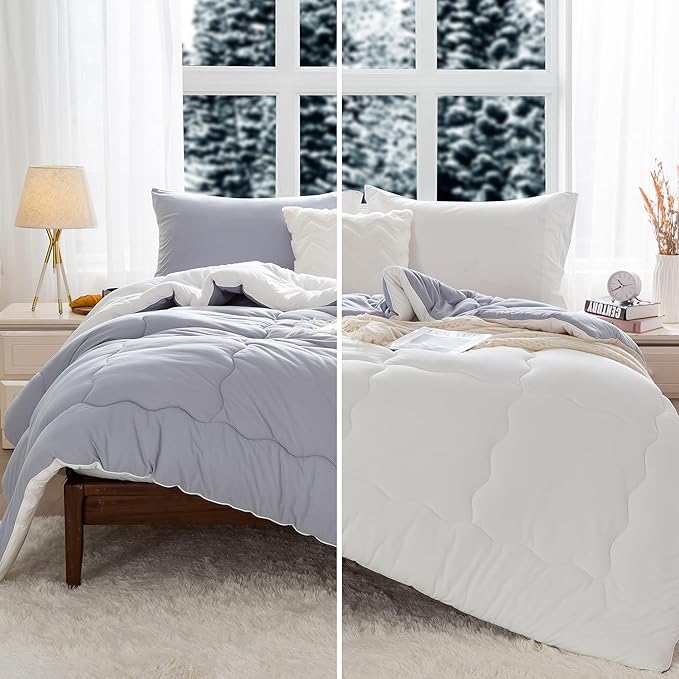 COTTEBED Ultra-Soft Reversible Warm Comforter Set Twin Sized, Winter Milk Cup Grey White Breathable Bedding Down Alternative Comforter for Boy Kids Girl School College Dorm Christmas, Twin/TwinXL - LeafyLoom