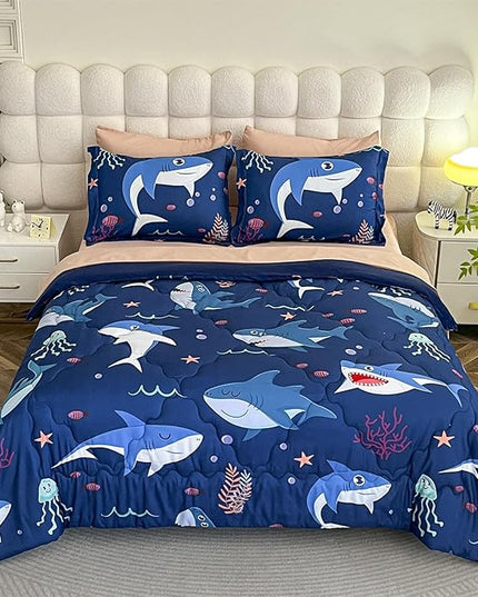 Boys Sharks Comforter Set Full Size 7 Piece Cute Ocean Animal Jellyfish 3D Printed Bedding Set Bed in A Bag for Kids Girls Teens Lightweight Soft Bed Set All Seasons Navy Blue - LeafyLoom