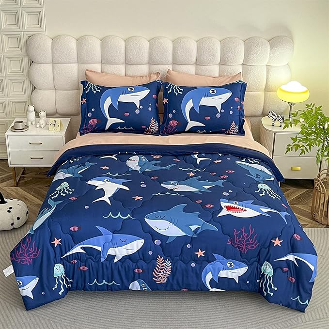 Boys Sharks Comforter Set Full Size 7 Piece Cute Ocean Animal Jellyfish 3D Printed Bedding Set Bed in A Bag for Kids Girls Teens Lightweight Soft Bed Set All Seasons Navy Blue - LeafyLoom