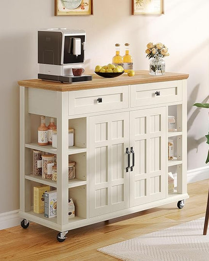 YITAHOME Kitchen Island with Storage Cabinet, Rolling Kitchen Cart on Wheels, Americana Kitchen Island Cabinet with Open Shelves for Kitchen Dining Room, Thicker Rubberwood Top, Off White - LeafyLoom