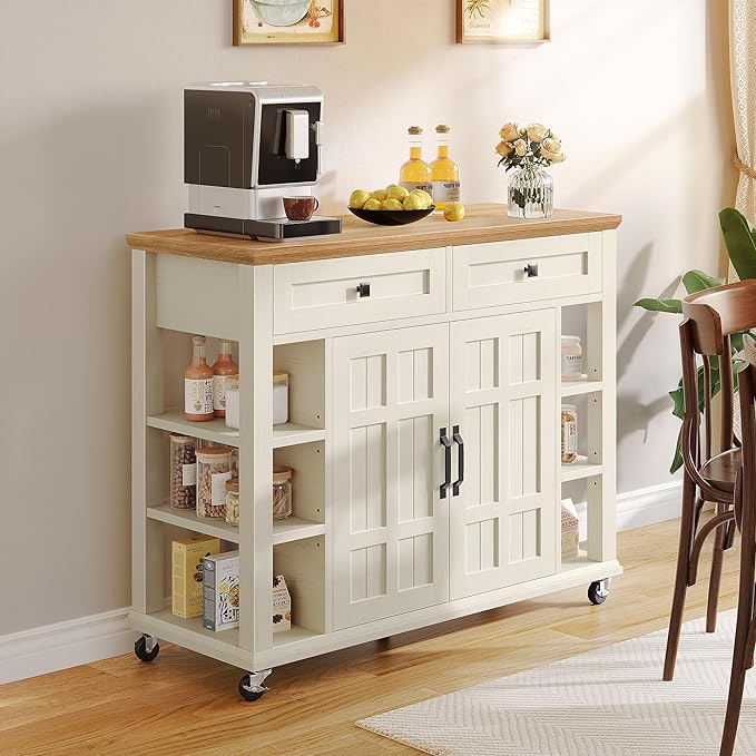 YITAHOME Kitchen Island with Storage Cabinet, Rolling Kitchen Cart on Wheels, Americana Kitchen Island Cabinet with Open Shelves for Kitchen Dining Room, Thicker Rubberwood Top, Off White - LeafyLoom