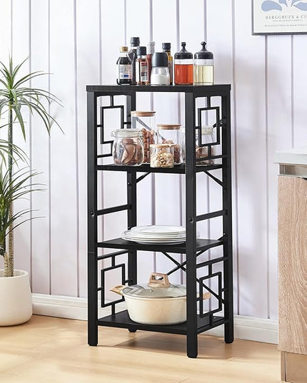 Bookshelf, Vintage Industrial 4 Tier Bookshelf, Freestanding Narrow Bookcase with Rustic Wood and Metal, Small Bookshelf for Home Office, Bedroom & Living Room, Black - LeafyLoom