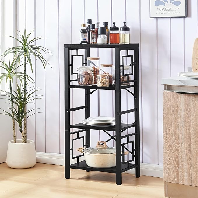 Bookshelf, Vintage Industrial 4 Tier Bookshelf, Freestanding Narrow Bookcase with Rustic Wood and Metal, Small Bookshelf for Home Office, Bedroom & Living Room, Black - LeafyLoom