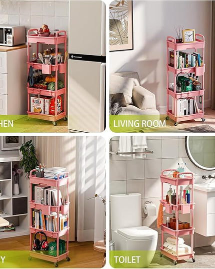 4 Tier Small Rolling Cart Organizer,Art Craft Diaper Bedside Snack Cart Laundry Room Bathroom Organizer Narrow Thin Slim Rolling Trolley Utility Cart with Wheels for Kitchen,Office(Pink) - LeafyLoom