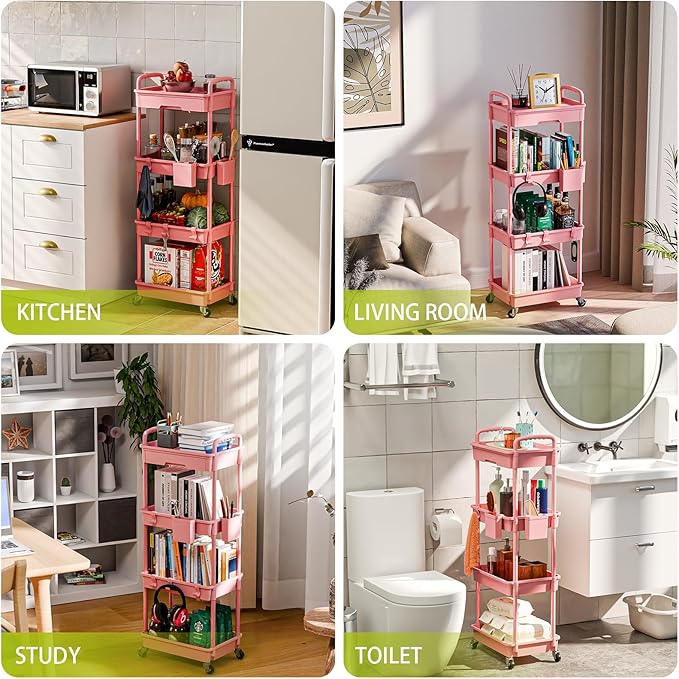 4 Tier Small Rolling Cart Organizer,Art Craft Diaper Bedside Snack Cart Laundry Room Bathroom Organizer Narrow Thin Slim Rolling Trolley Utility Cart with Wheels for Kitchen,Office(Pink) - LeafyLoom