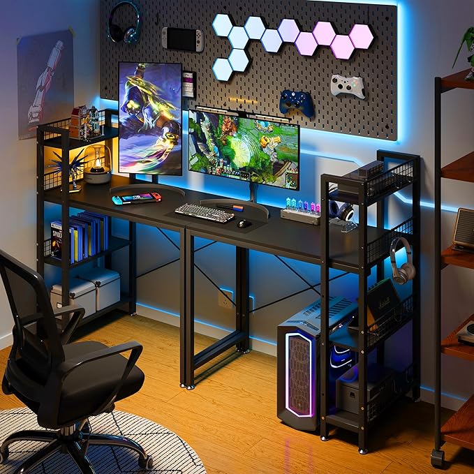 4NM 35" Small Computer Desk with 4-Tier Bookshelf and 8 Hooks, Home Office Desk Writing Workstation Study Table for Small Space Work - All Black - LeafyLoom