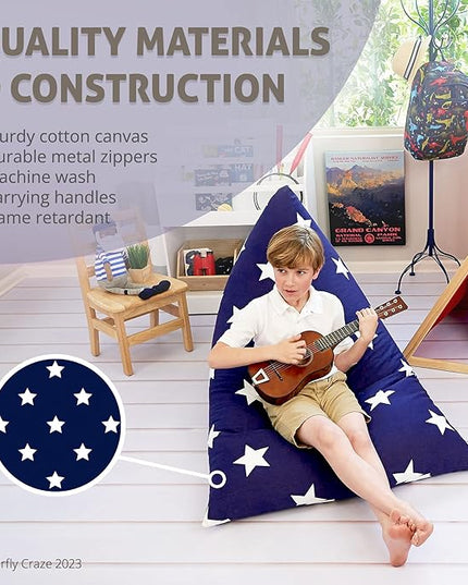 Butterfly Craze Bean Bag Chair Cover, Functional Toddler Toy Organizer, Fill with Stuffed Animals to Create a Jumbo, Comfy Floor Lounger for Boys or Girls, Stuffing Not Included, Navy Stars - LeafyLoom