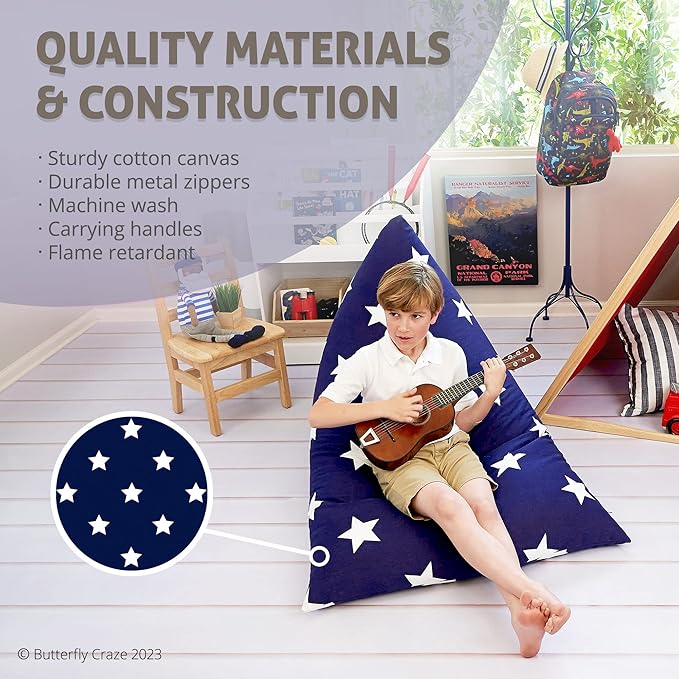 Butterfly Craze Bean Bag Chair Cover, Functional Toddler Toy Organizer, Fill with Stuffed Animals to Create a Jumbo, Comfy Floor Lounger for Boys or Girls, Stuffing Not Included, Navy Stars - LeafyLoom