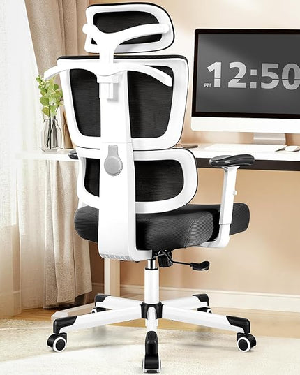 Primy Office Chair Ergonomic Desk Chair, High Back Computer Gaming Chair, Comfy Big and Tall Home Office Chair with Lumbar Support, Breathable Mesh Reclining Chair Adjustable Armrests Headrest(White) - LeafyLoom
