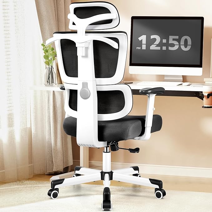 Primy Office Chair Ergonomic Desk Chair, High Back Computer Gaming Chair, Comfy Big and Tall Home Office Chair with Lumbar Support, Breathable Mesh Reclining Chair Adjustable Armrests Headrest(White) - LeafyLoom
